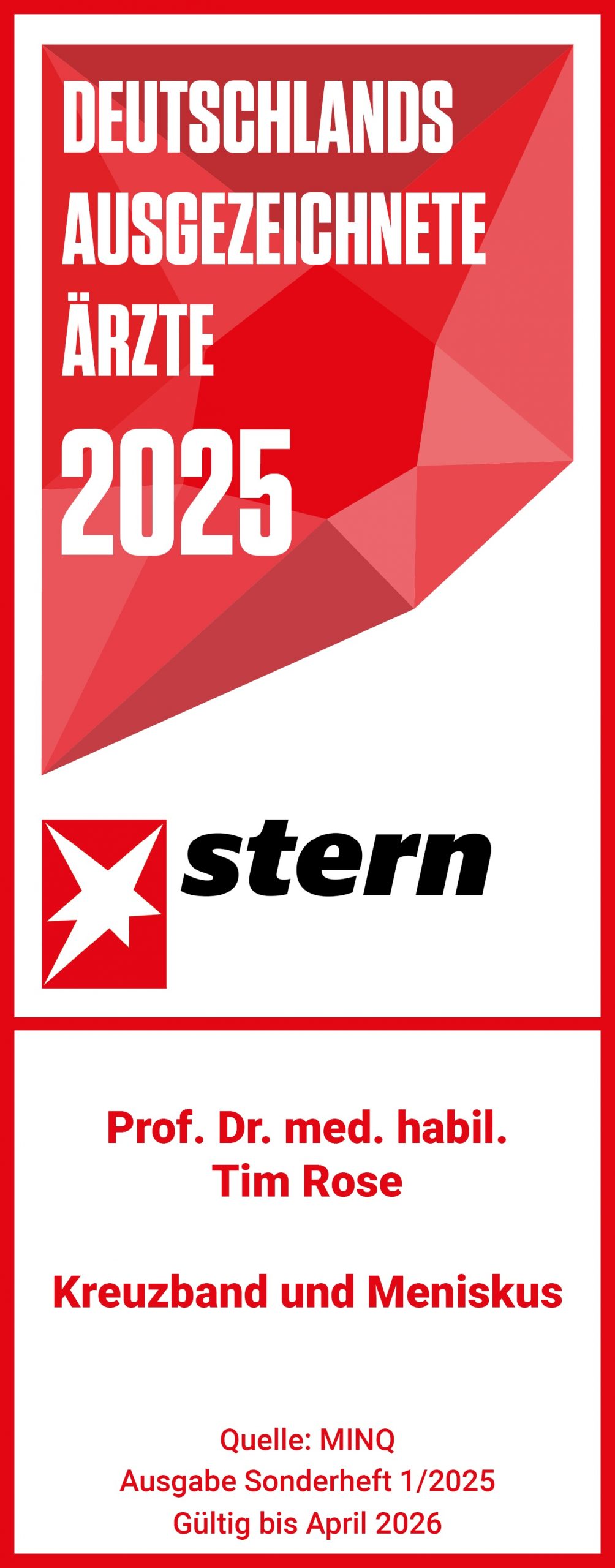 Stern-Siegel Deutschlands ausgezeichnete Ärzte 2025 Kreuzband und Meniskus